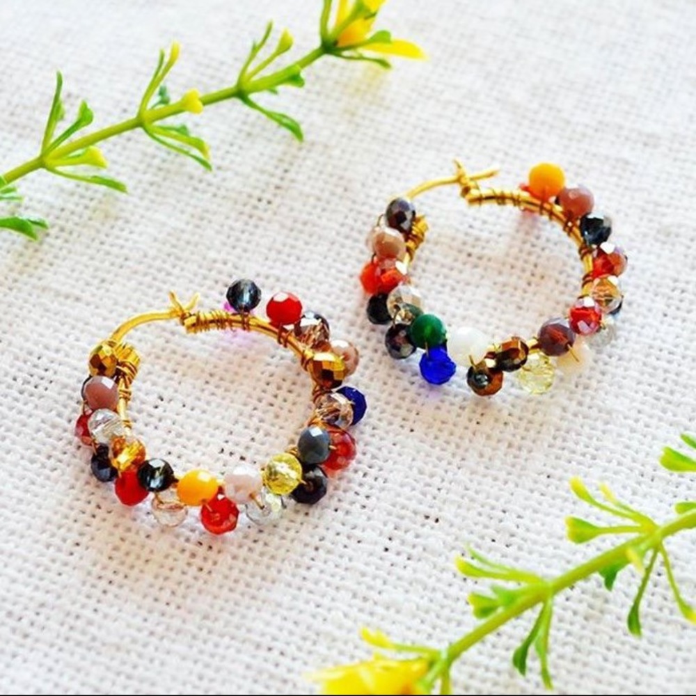 Boho Mexican Beaded Crystal Hoop Earrings
